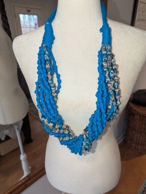 Beautiful Handmade Blue Fabric Statement Necklace with Multicolor Accents